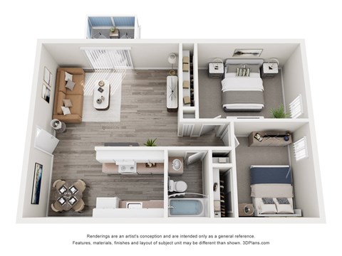 Floor plan for 2 beds, 1 bath, 760 sqft